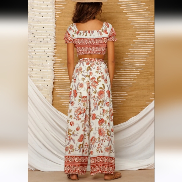 Mura Boho pattern white orange floral crop top and flowy pants set small nwt - Picture 2 of 7